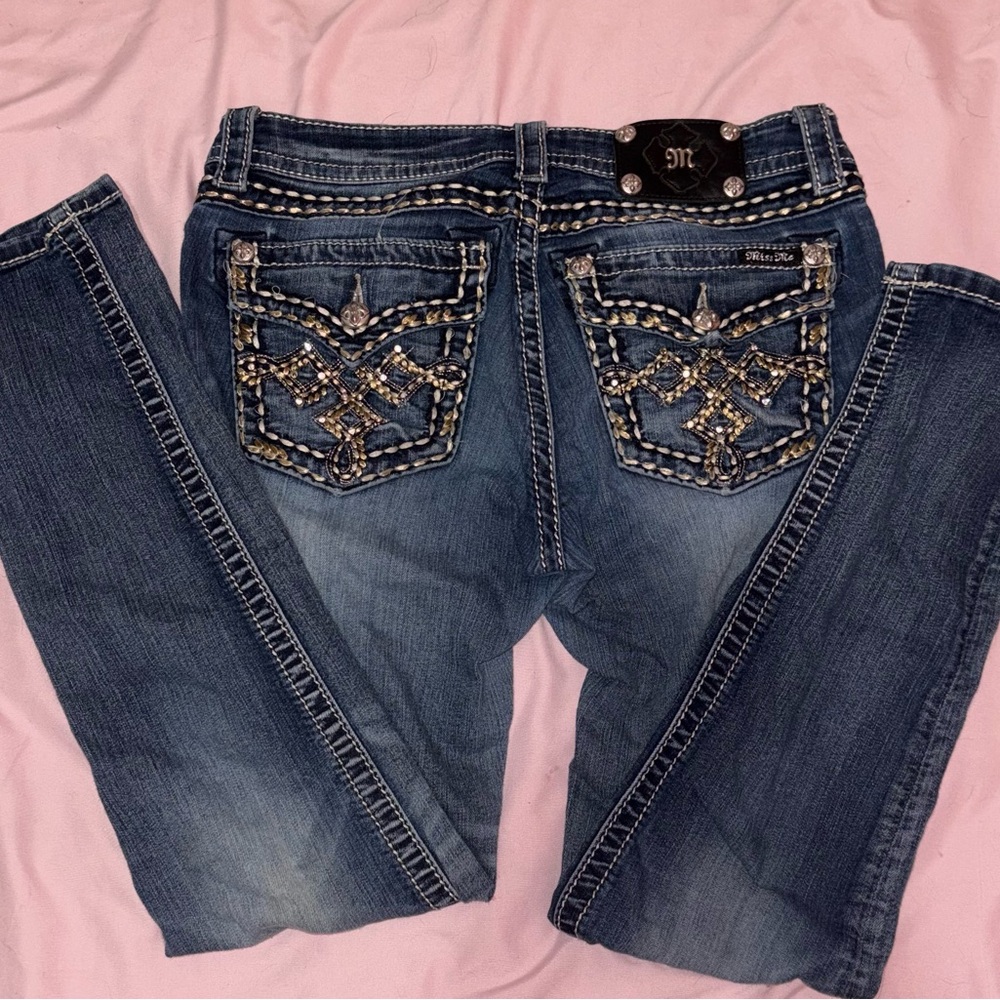 Miss Me Dark Blue Skinny Jeans with Embellished Pockets